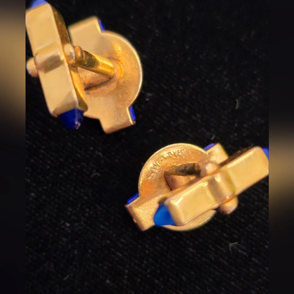 Swank Art Deco Blue Glass Gold Plated Cufflinks
